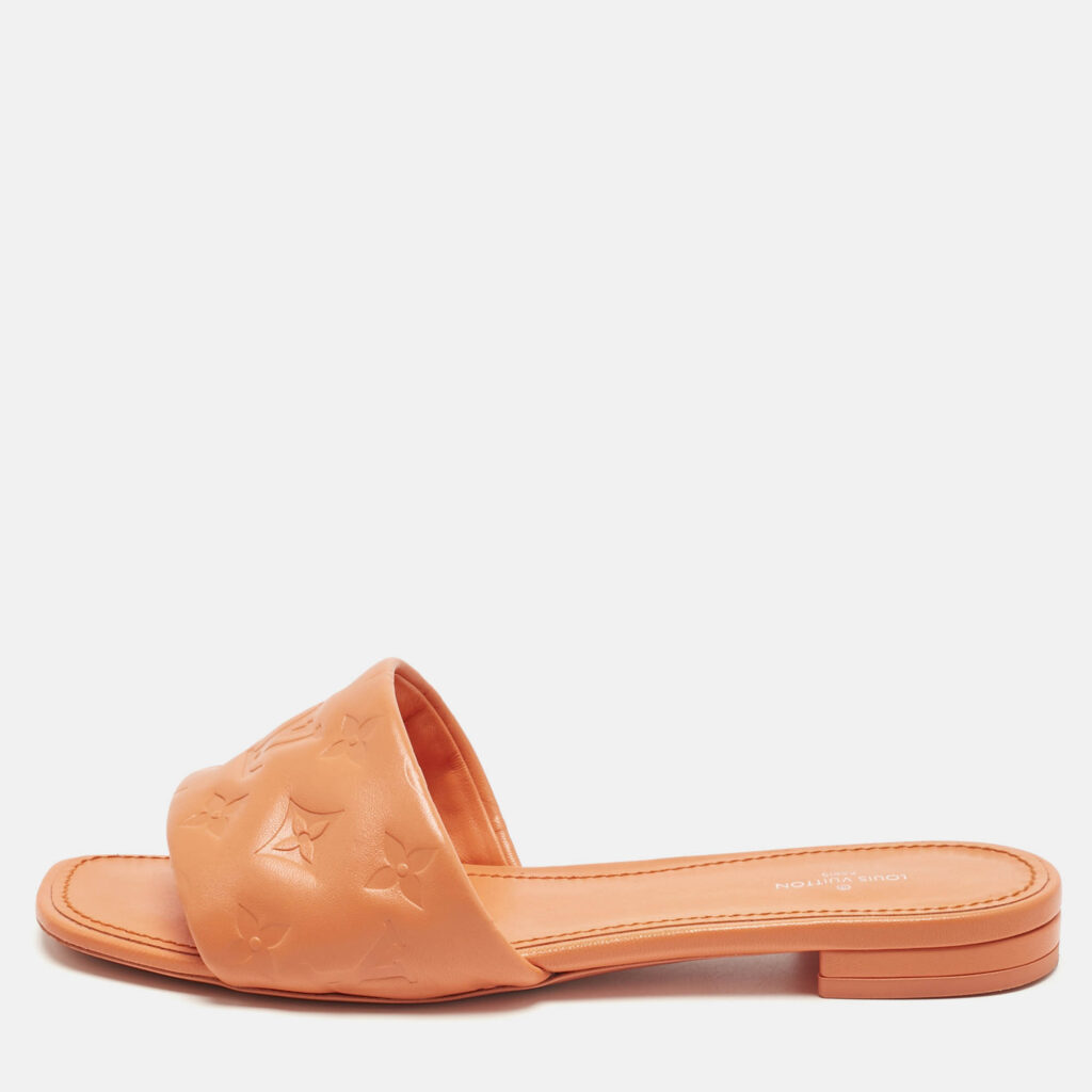 Louis Vuitton Orange Monogram Embossed Leather Revival Flat Slides Size 39 Louis Vuitton Orange Monogram Embossed Leather Revival Flat Slides Size 39