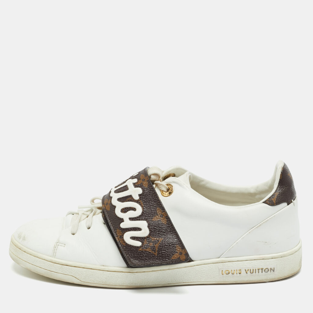 Louis Vuitton White/Brown Monogram Canvas and Leather Frontrow Lace Up Sneakers Size 38.5