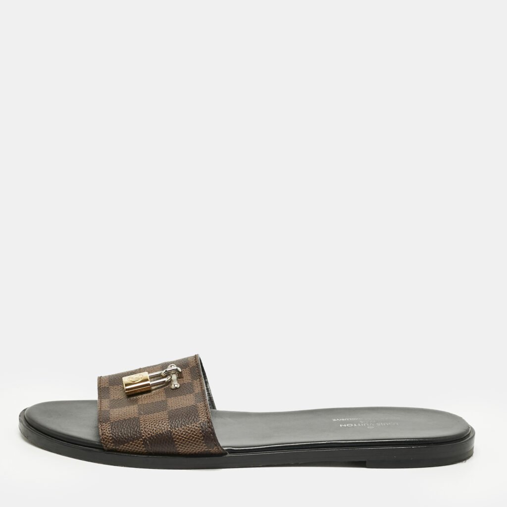 luxury-women-louis-vuitton-used-shoes-p1220597-001-1.jpg Louis Vuitton Brown Monogram Canvas Lock It Slides Sandals Size 39.5