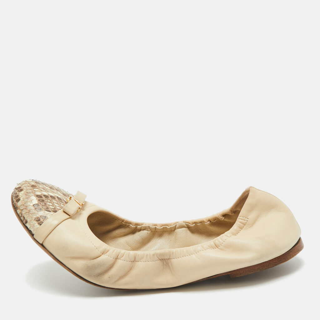 Louis Vuitton Beige Leather And Python Cap Toe Scrunch Ballet Flats Size 38