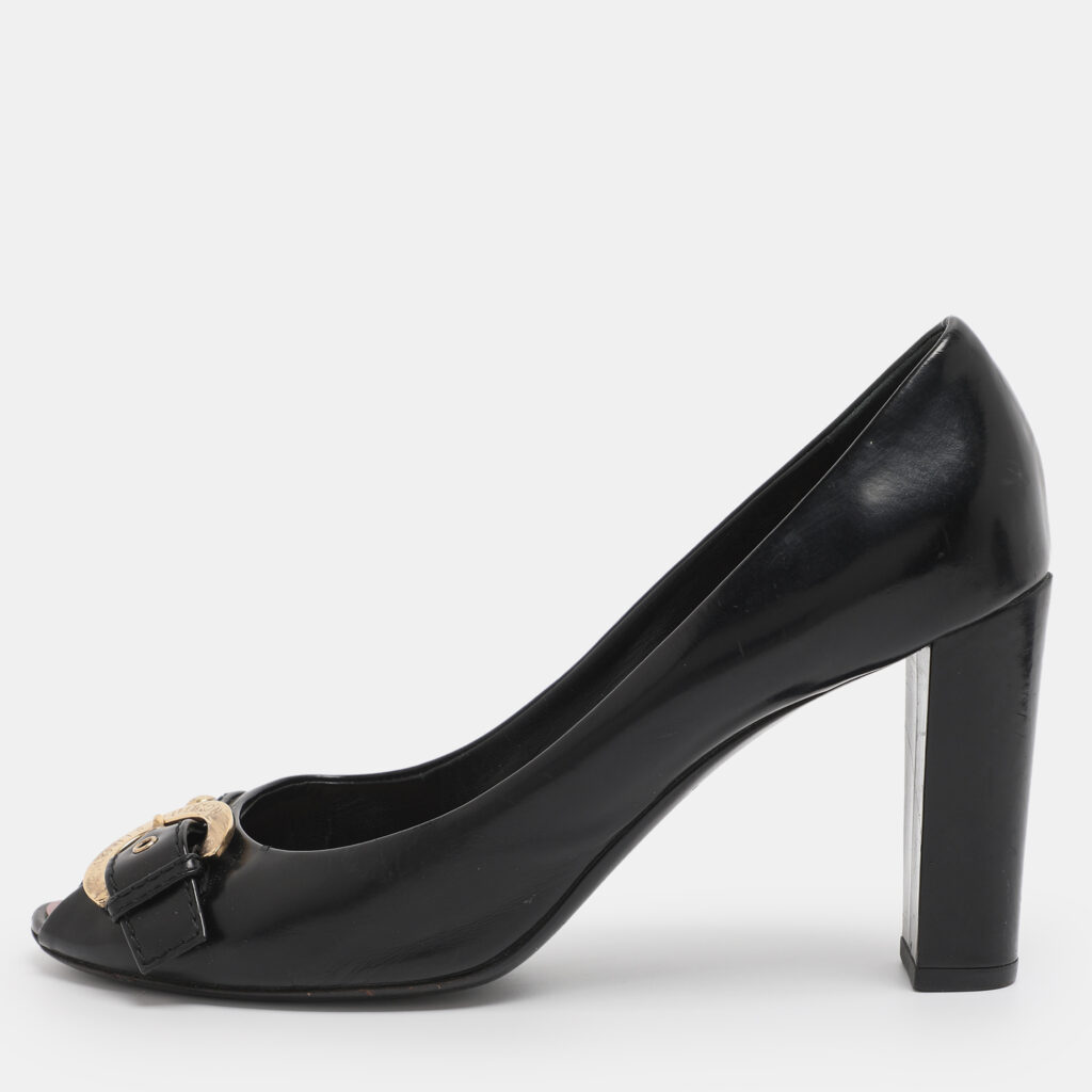 Louis Vuitton Black Patent Leather Buckle Peep Toe Pumps Size 38 Louis Vuitton Black Patent Leather Buckle Peep Toe Pumps Size 38