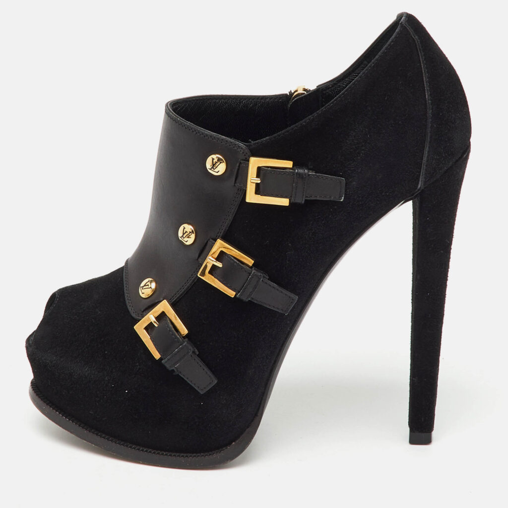 Louis Vuitton Black Suede and Leather Peep Toe Platform Booties Size 36