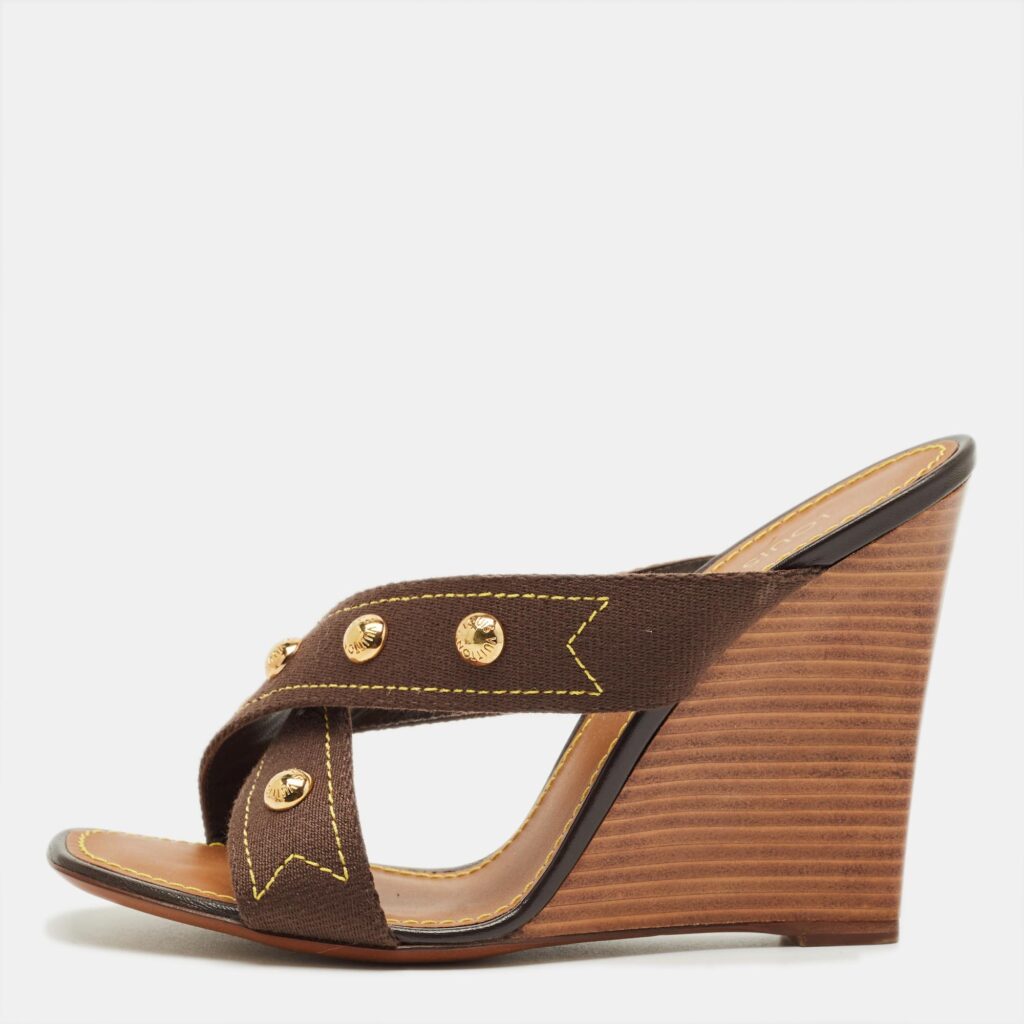 Louis Vuitton Brown Studded Canvas Cross Strap Wedge Sandals Size 39.5