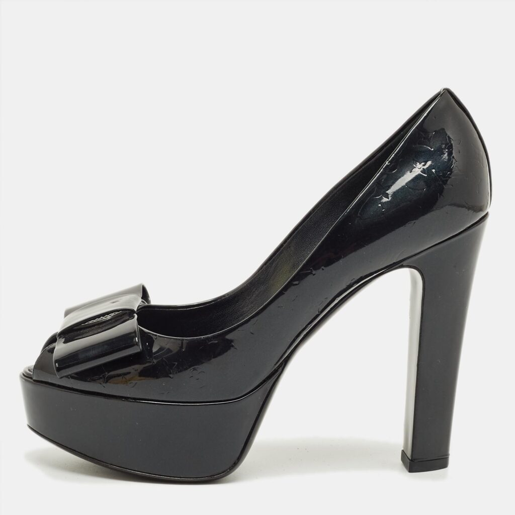 Louis Vuitton Black Monogram Patent Leather Bow Platform Pumps Size 38 Louis Vuitton Black Monogram Patent Leather Bow Platform Pumps Size 38