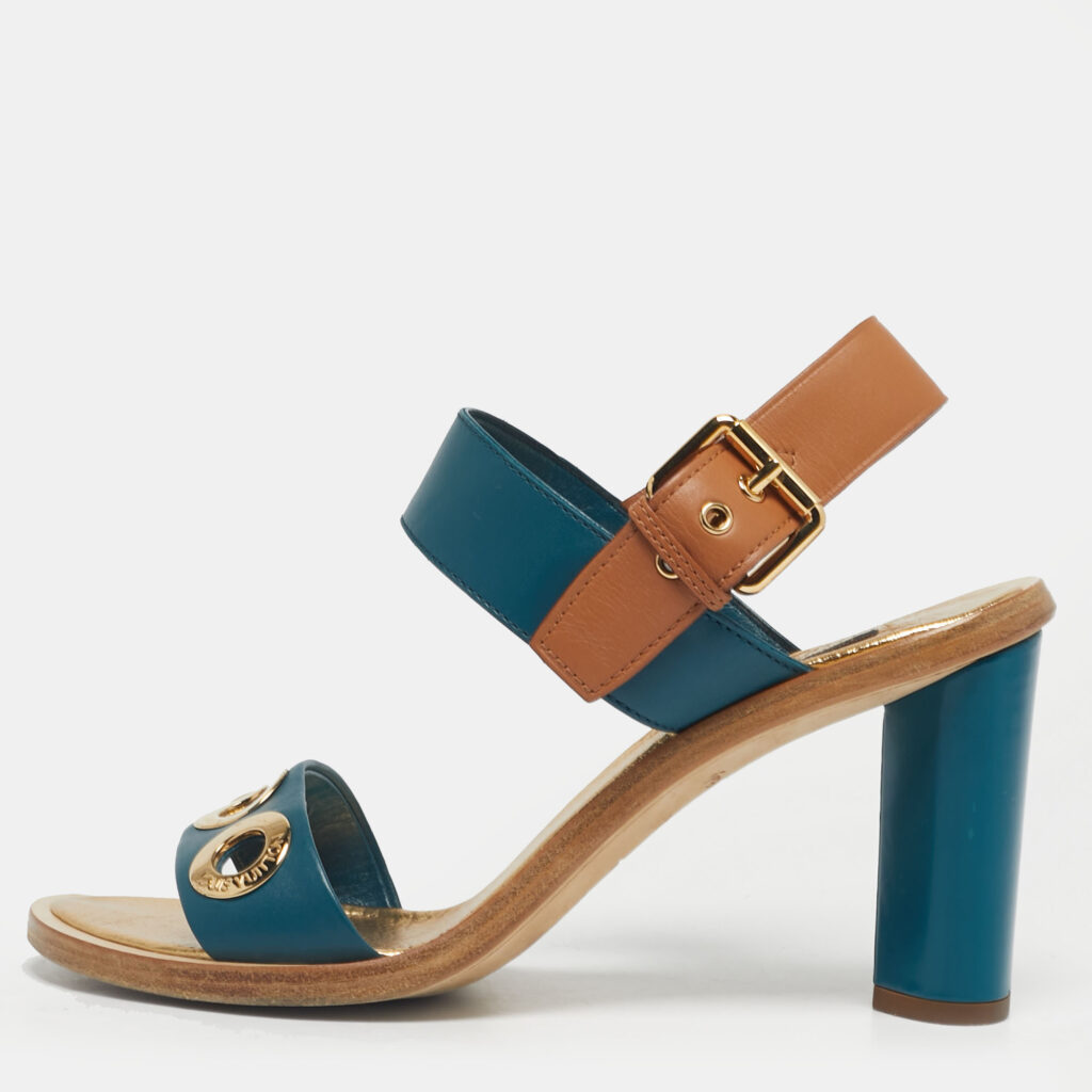 Louis Vuitton Green/Brown Leather Lounger Ankle Strap Open Toe Sandals Size 39.5