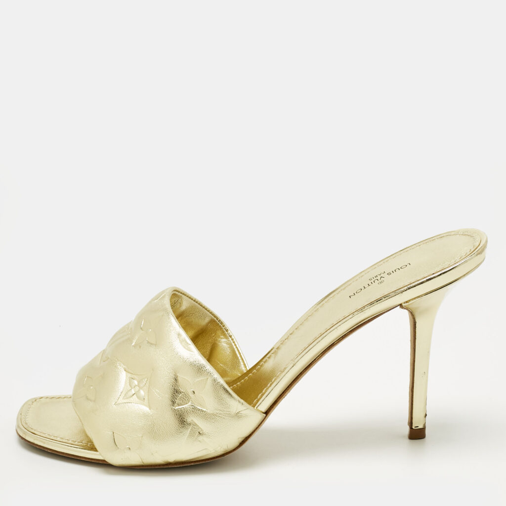 Louis Vuitton Gold Monogram Leather Revival Slide Sandals Size 39