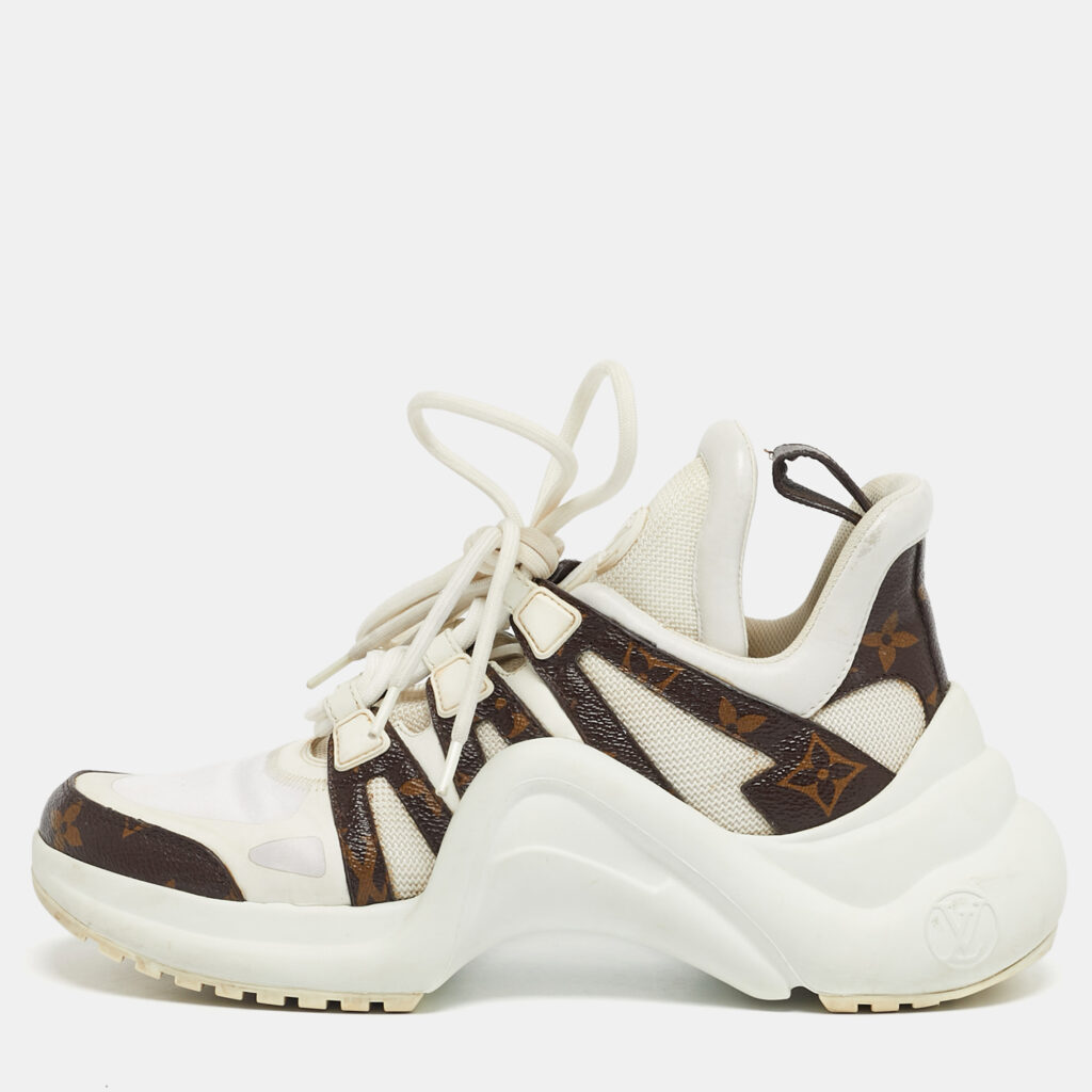 luxury-women-louis-vuitton-used-shoes-p1234535-001-1.jpg Louis Vuitton White/Brown Monogram Canvas and Mesh Archlight Lace Up Sneakers Size 37.5