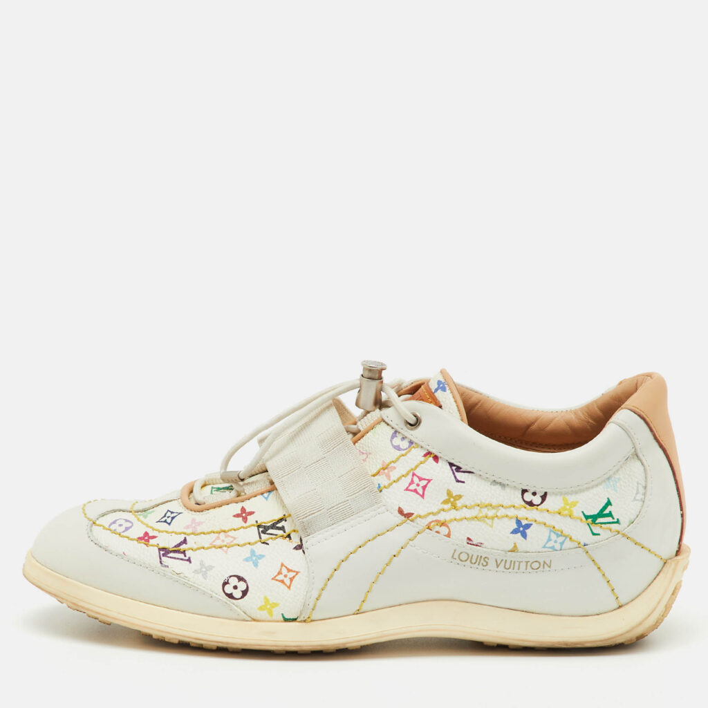 Louis Vuitton White Leather and Multicolor Monogram Canvas Lace Up Sneakers Size 38.5 Louis Vuitton White Leather and Multicolor Monogram Canvas Lace Up Sneakers Size 38.5