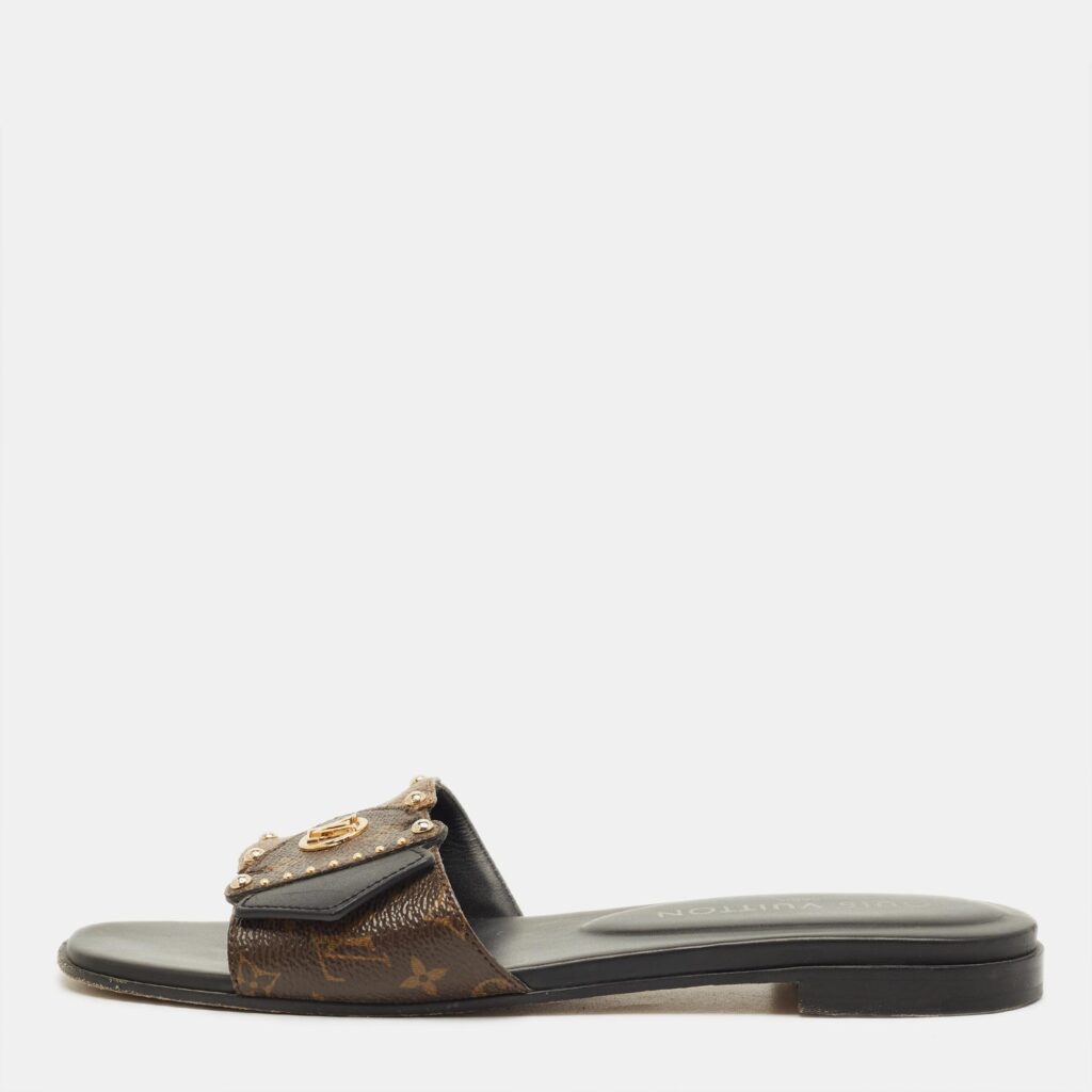 Louis Vuitton Brown Monogram Canvas and Leather LV Frame Flat Slide Size 37 Louis Vuitton Brown Monogram Canvas and Leather LV Frame Flat Slide Size 37