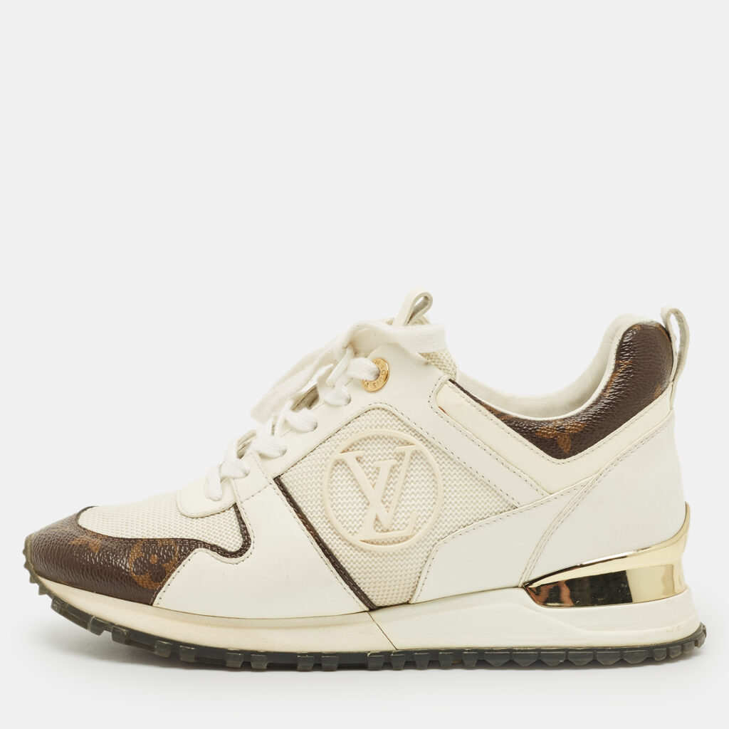 Louis Vuitton White/Brown Monogram Canvas and Leather Run Away Low Top Sneakers Size 35