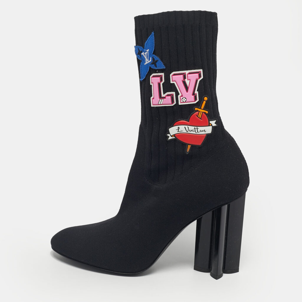 Louis Vuitton Black Knit Fabric LV Black Heart Sock Ankle Boots Size 39