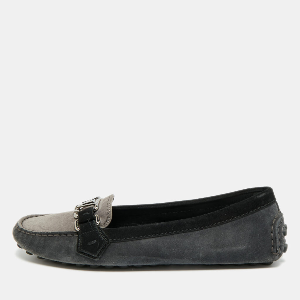 Louis Vuitton Grey/Black Suede Logo Slip On Loafers Size 37