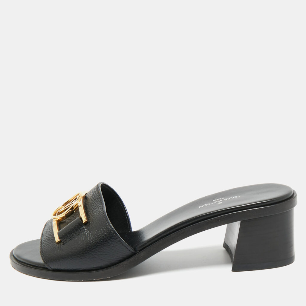 luxury-women-louis-vuitton-used-shoes-p1244894-001.jpg Louis Vuitton Black Leather Lock It Slide Sandals Size 36.5