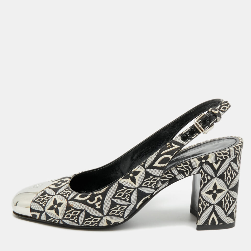 Louis Vuitton Madeleine Size 36.5 White/Black Canvas Slingback Pumps