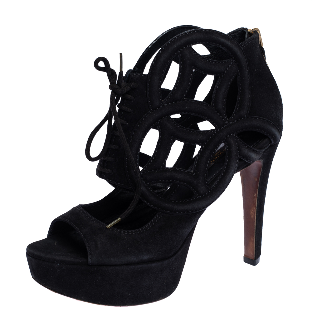 Louis Vuitton Black Suede Cutout Monogram Platform Ankle Boots Size 36 Louis Vuitton Black Suede Cutout Monogram Platform Ankle Boots Size 36