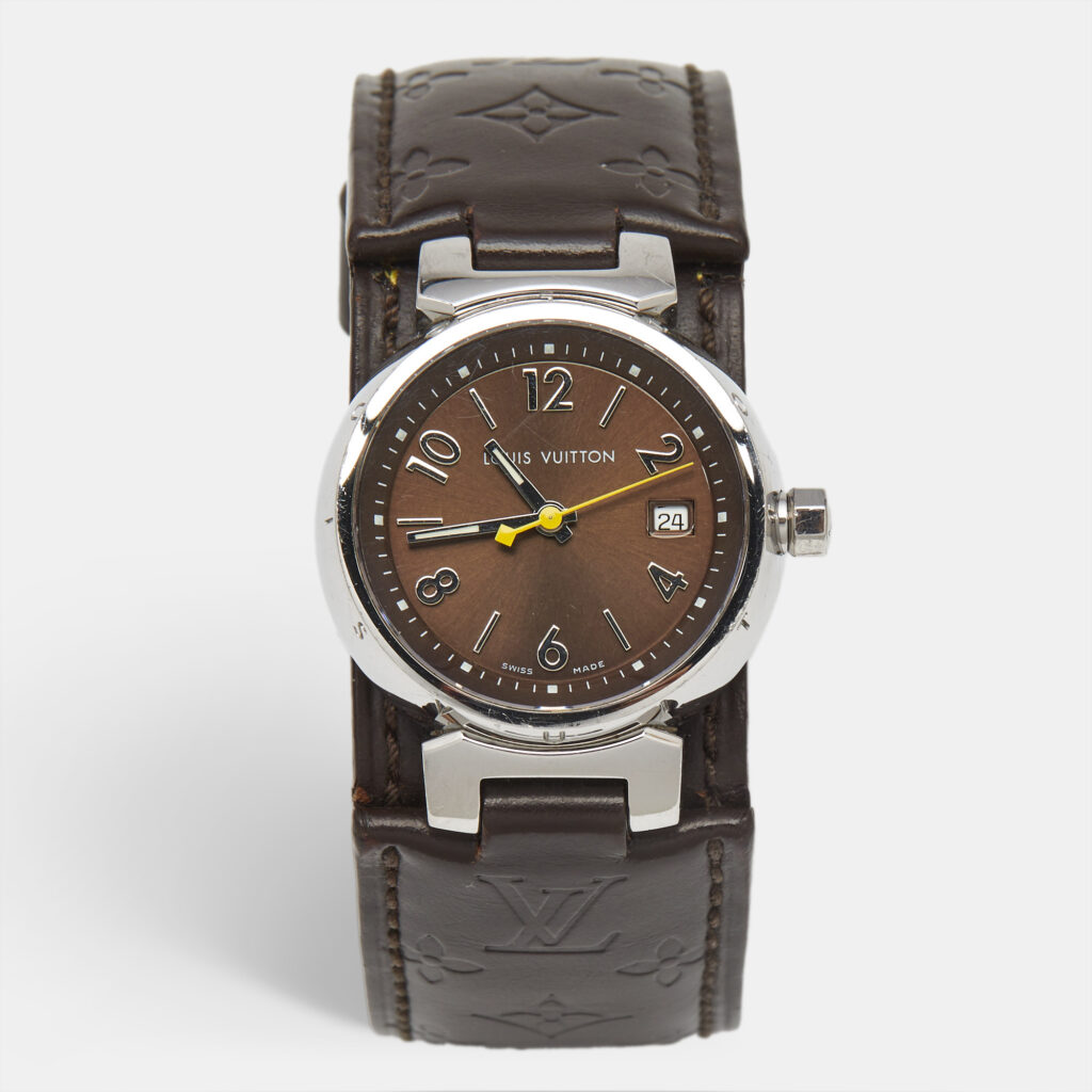 Louis Vuitton Brown Stainless Steel and Leather Tambour Q1211 Women's Wristwatch 28 mm Louis Vuitton Brown Stainless Steel and Leather Tambour Q1211 Women's Wristwatch 28 mm