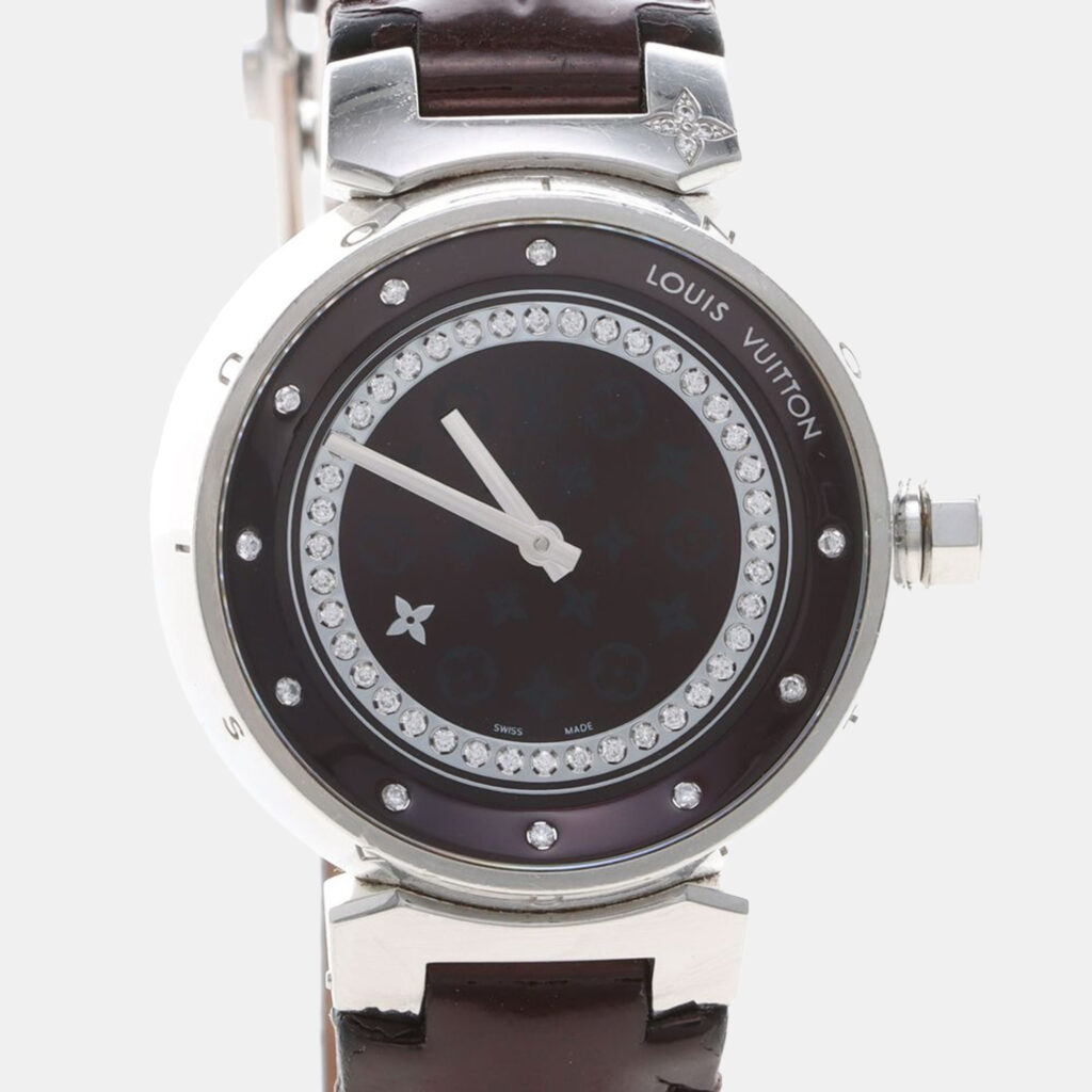 Louis Vuitton Tambour Q1319 Quartz Brown Diamonds Stainless Steel Women's Wristwatch 28mm Louis Vuitton Tambour Q1319 Quartz Brown Diamonds Stainless Steel Women's Wristwatch 28mm