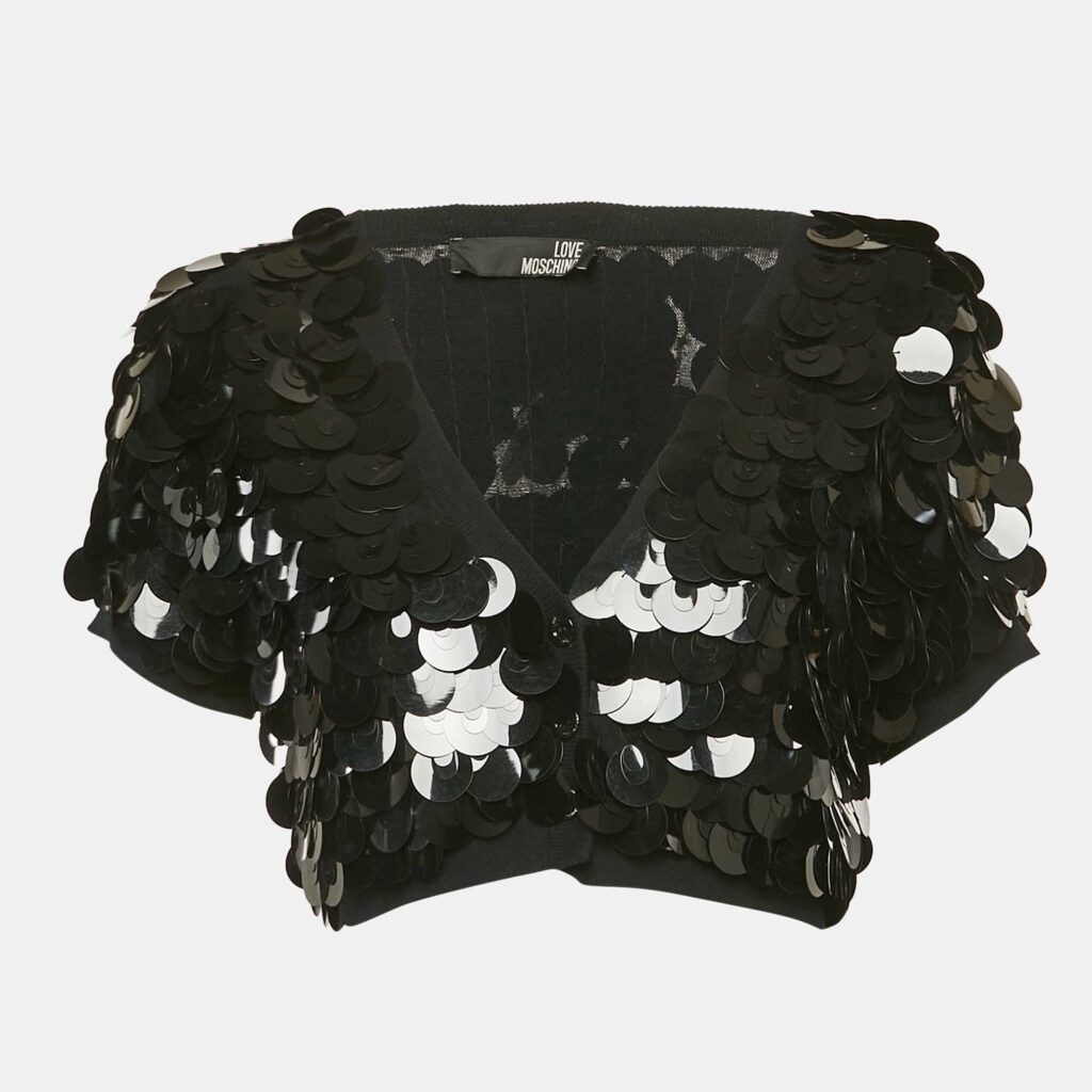 Love Moschino Black Sequined Knit Short Sleeve Cardigan L