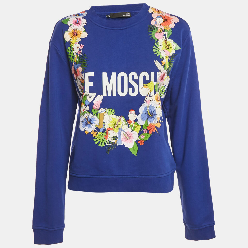 Love Moschino Blue Printed Cotton Crew Neck Sweatshirt M Love Moschino Blue Printed Cotton Crew Neck Sweatshirt M