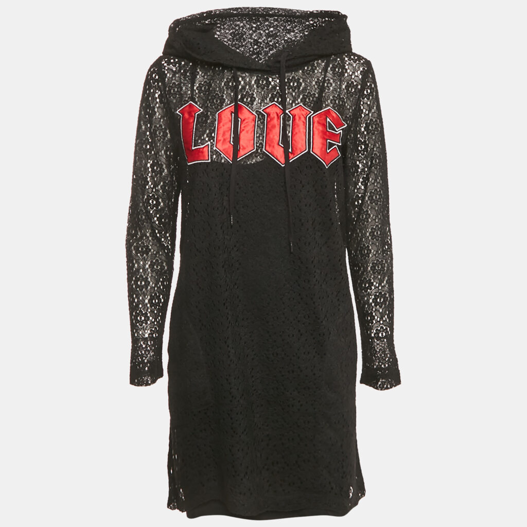 Love Mocshino Black Love Applique Mesh Hooded Dress M Love Mocshino Black Love Applique Mesh Hooded Dress M
