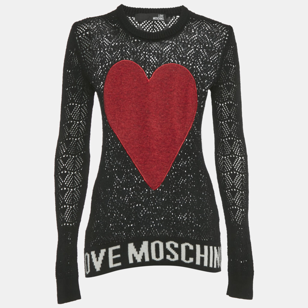 Love Moschino Black Patterned Knit Heart Patch Detail Sweater S Love Moschino Black Patterned Knit Heart Patch Detail Sweater S