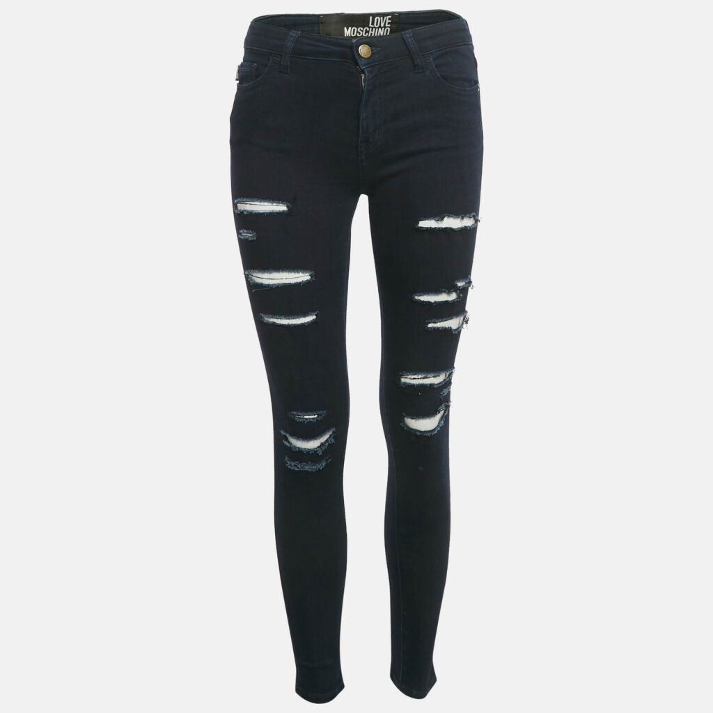 Love Moschino Dark Blue Distressed Denim Skinny Jeans S Waist 26"