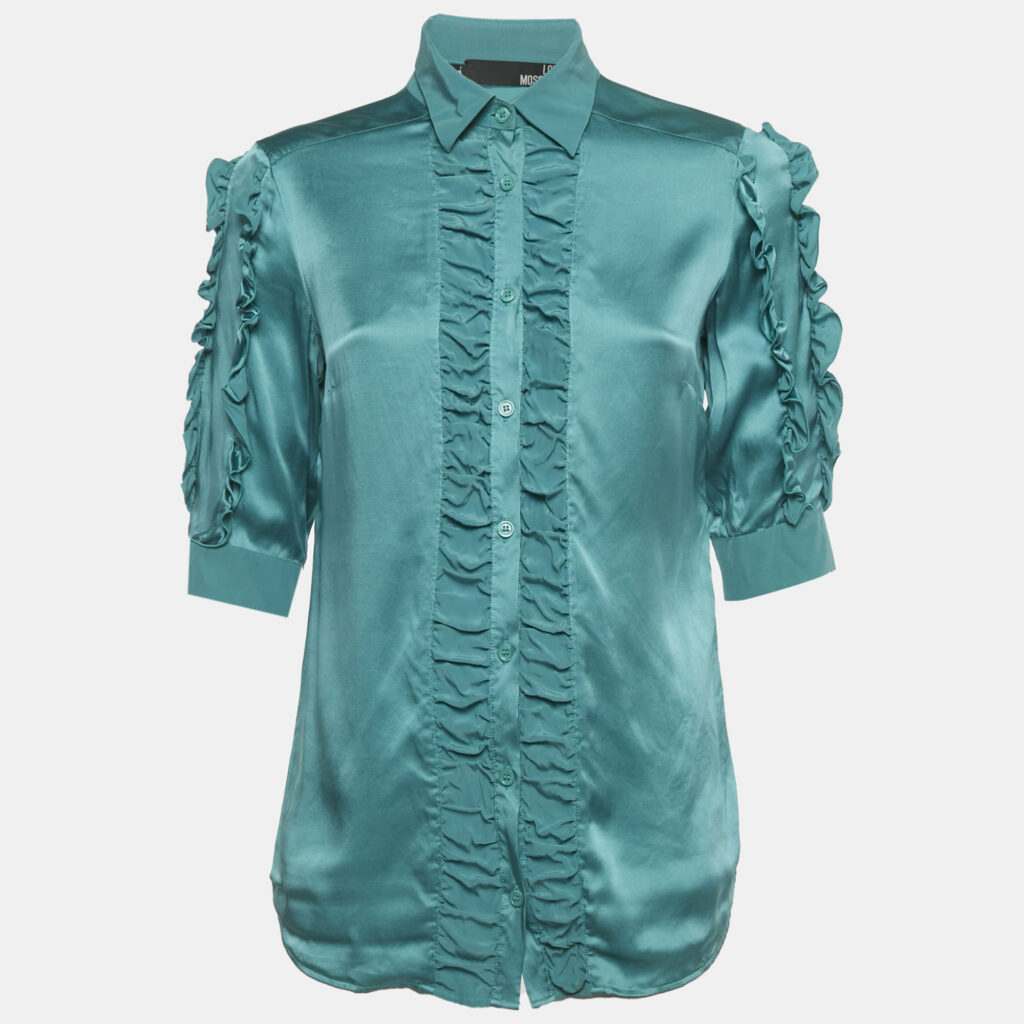 Love Moschino Blue Silk Ruffled Shirt S Love Moschino Blue Silk Ruffled Shirt S