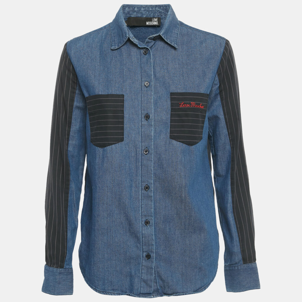 Love Moschino Blue Striped Denim Button Front Shirt S
