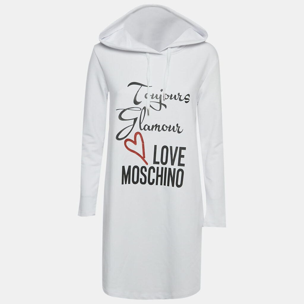 Love Moschino White Printed Cotton Hoodie Dress S Love Moschino White Printed Cotton Hoodie Dress S