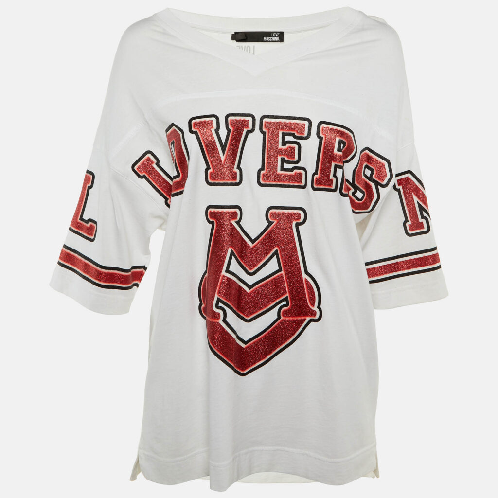 Love Moschino White Lovers Glitter Print Cotton Oversized T-Shirt S