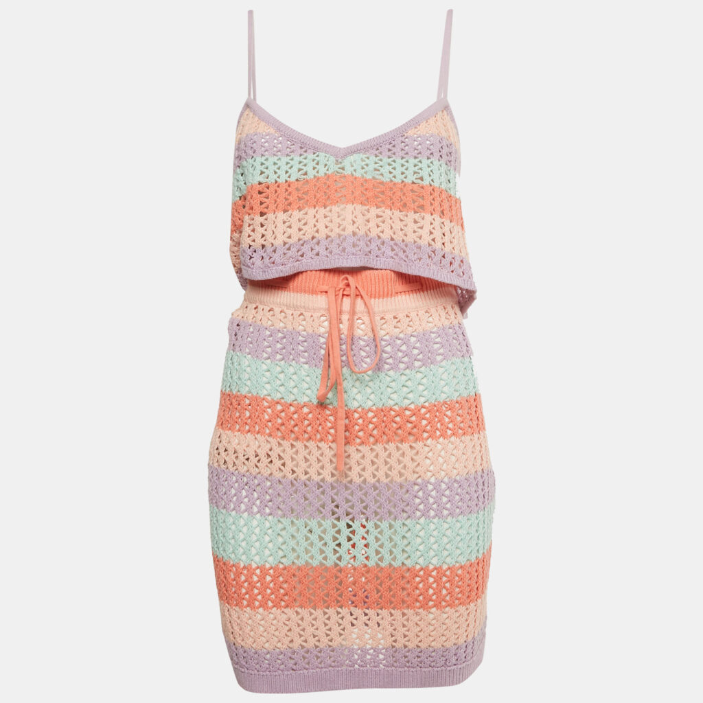 Lovers + Friends Pink/Blue Striped Crochet Skirt and Top L Lovers + Friends Pink/Blue Striped Crochet Skirt and Top L