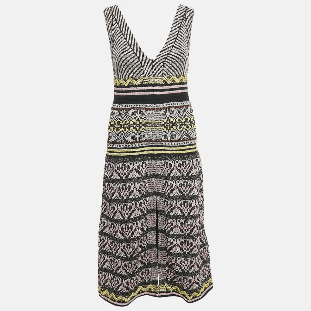 luxury-women-m-missoni-new-clothes-p1136319-007-1.jpg M Missoni Multicolor Patterned Lurex Knit V-Neck Sleeveless Dress S