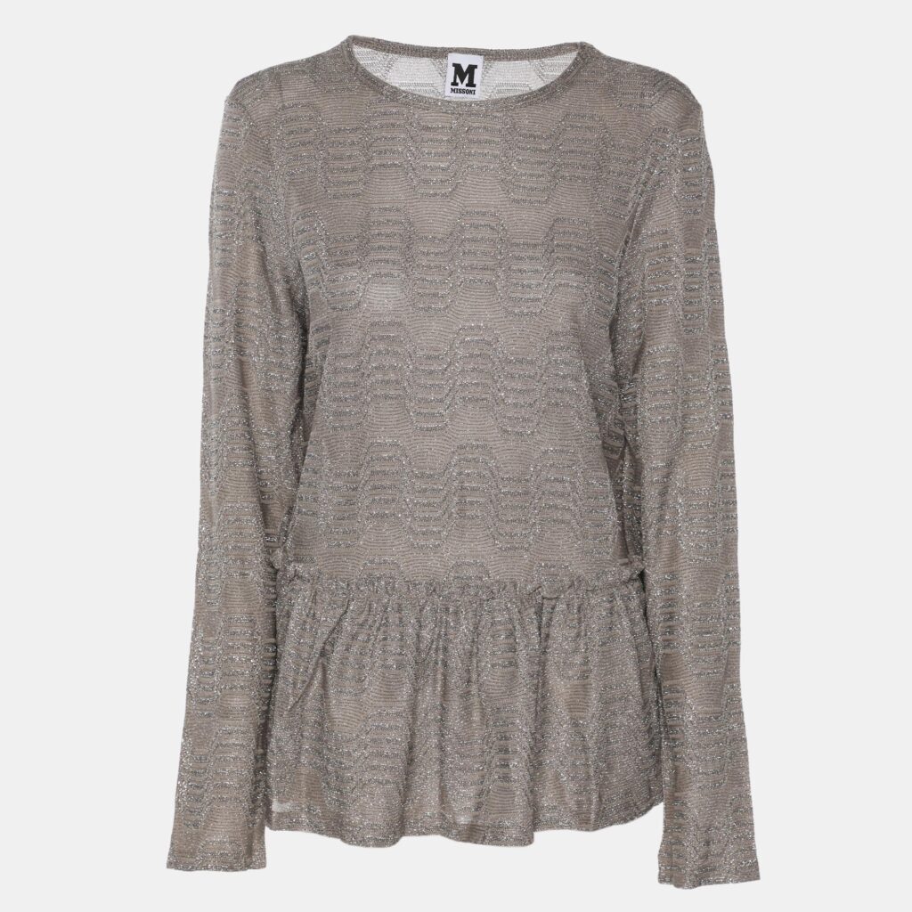 M Missoni Metallic Grey Lurex Knit Long Sleeve Pleated Tops M M Missoni Metallic Grey Lurex Knit Long Sleeve Pleated Tops M