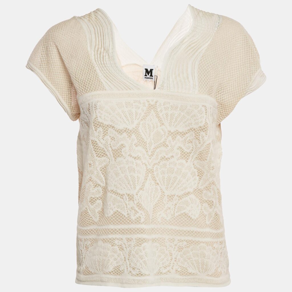 M Missoni White Seashell Pattern Lurex Knit V-Neck Top M M Missoni White Seashell Pattern Lurex Knit V-Neck Top M