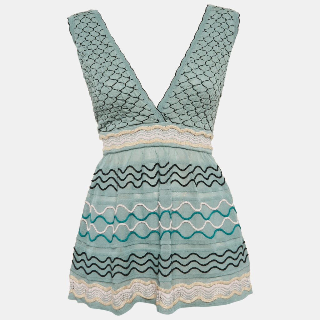 M Missoni Blue Patterned Knit V-Neck Flared Top S M Missoni Blue Patterned Knit V-Neck Flared Top S