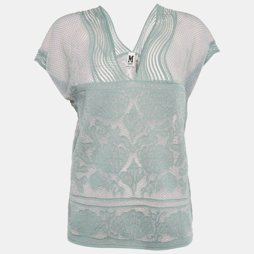 M Missoni Teal Blue Lures Knit V-Neck Top M
