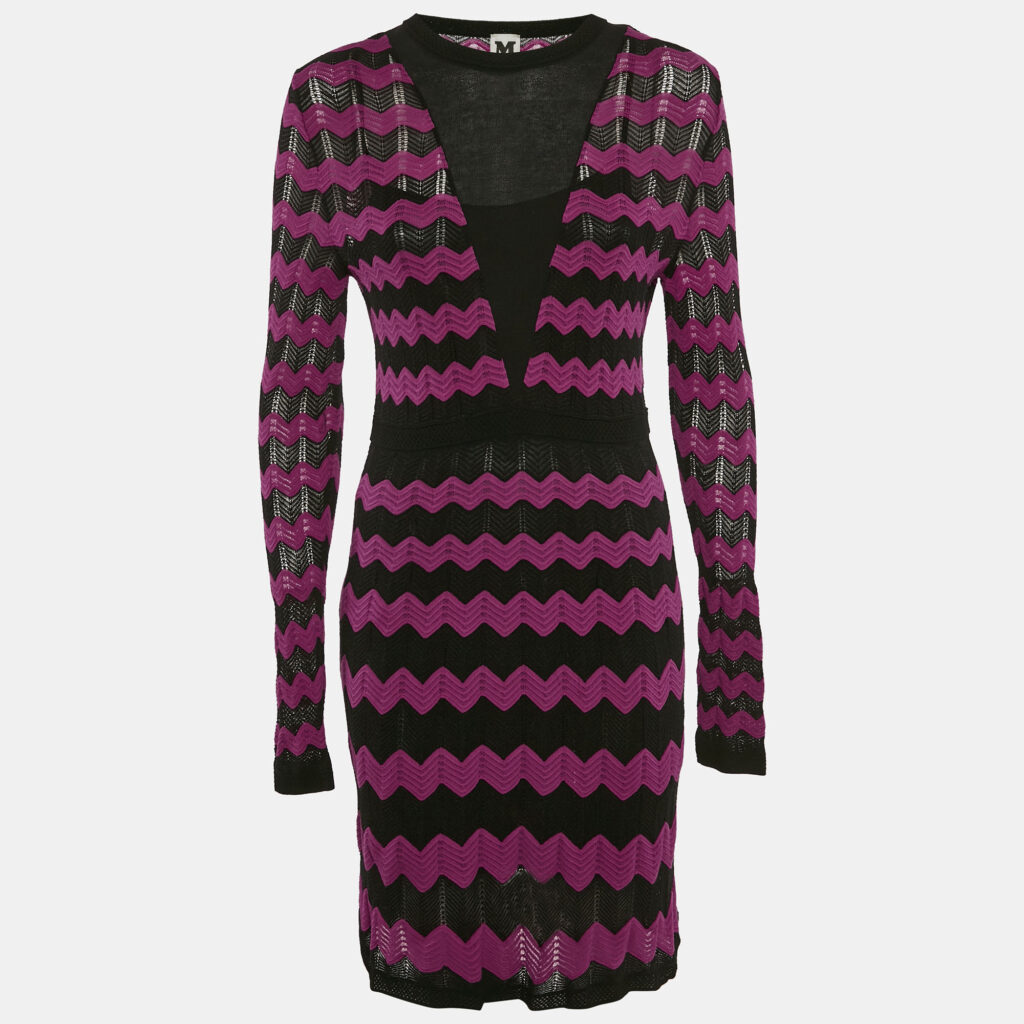 M Missoni Pink/Black Chevron Pattern Knit Long Sleeve Dress M