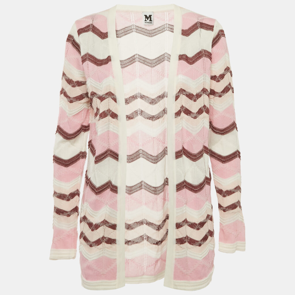 luxury-women-m-missoni-used-clothes-p1178134-004.jpg M Missoni Pink/Multicolor Chevron Pattern Knit Open Front Cardigan S