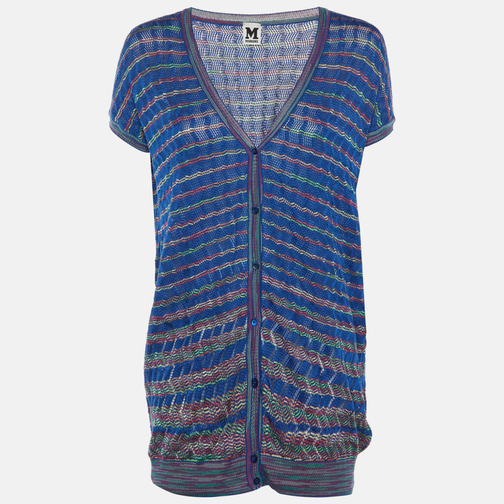 M Missoni Blue Zig Zag Knit Button Front Cardigan M