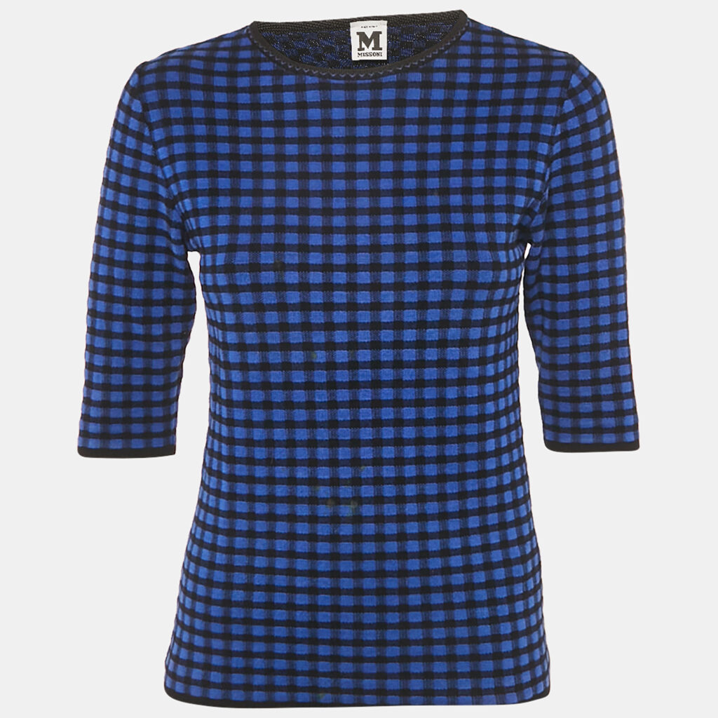 M Missoni Blue Checks Stretch Knit Round Neck Top M M Missoni Blue Checks Stretch Knit Round Neck Top M