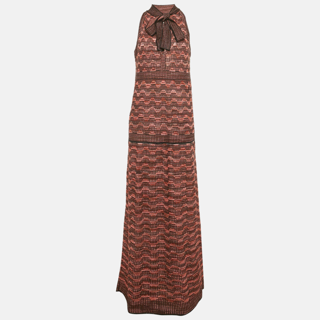 luxury-women-m-missoni-used-clothes-p1217335-001-1.jpg M Missoni Black/Pink Patterned Lurex Knit Neck Tie Detail Maxi Dress M
