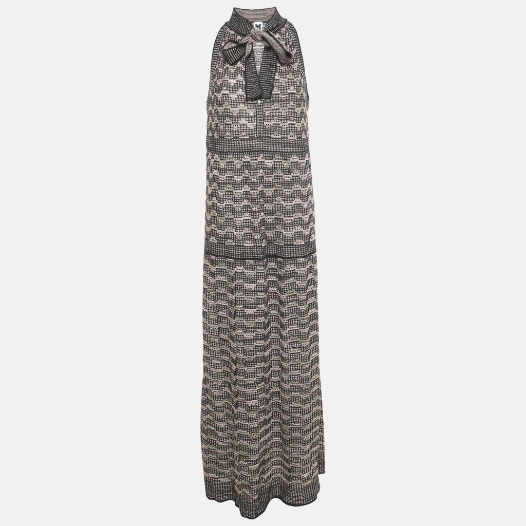 luxury-women-m-missoni-used-clothes-p1217345-003.jpg M Missoni Black/Pink Patterned Lurex Knit Neck Tie Detail Maxi Dress L