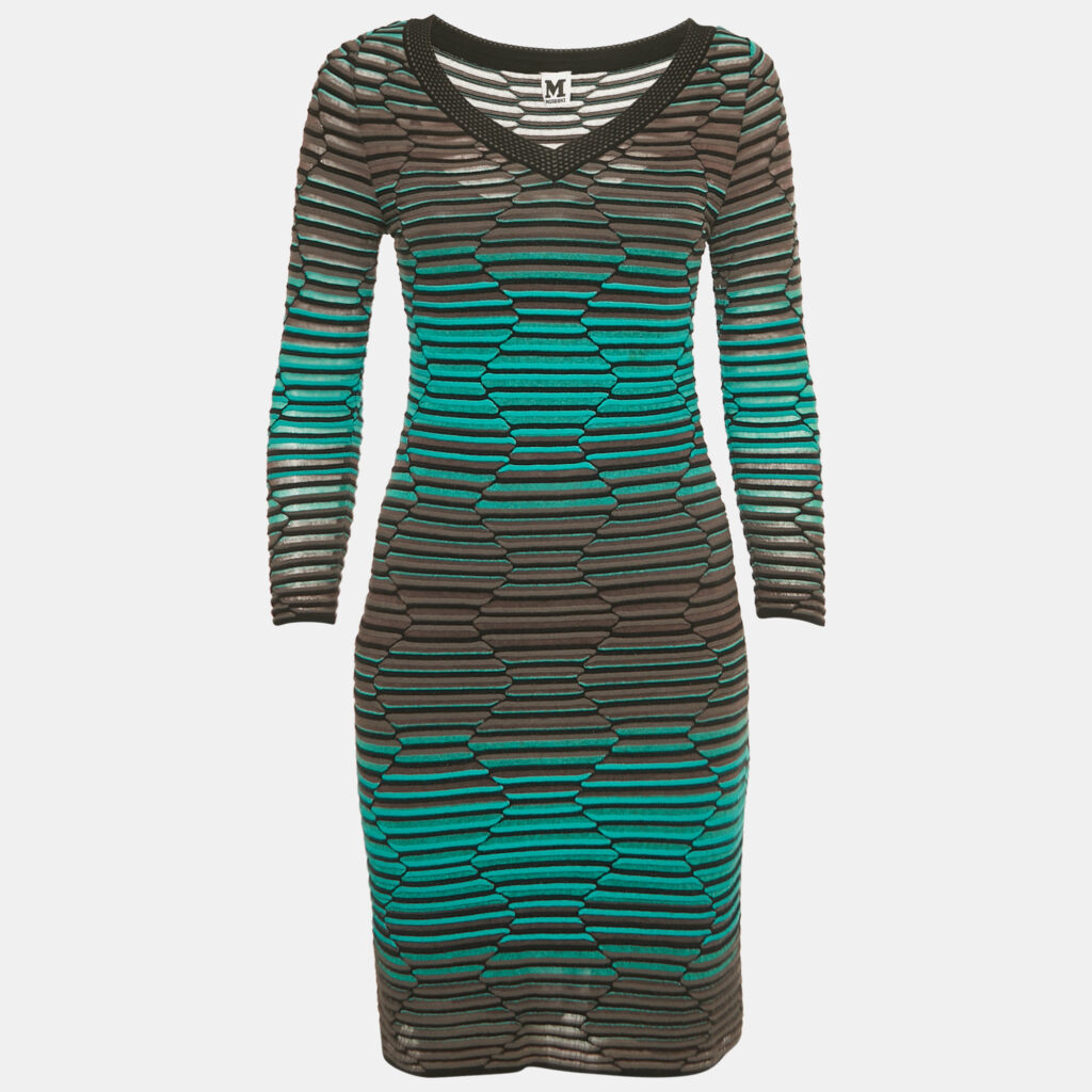 M Missoni Blue/Grey Textured Knit V-Neck Mini Dress M M Missoni Blue/Grey Textured Knit V-Neck Mini Dress M