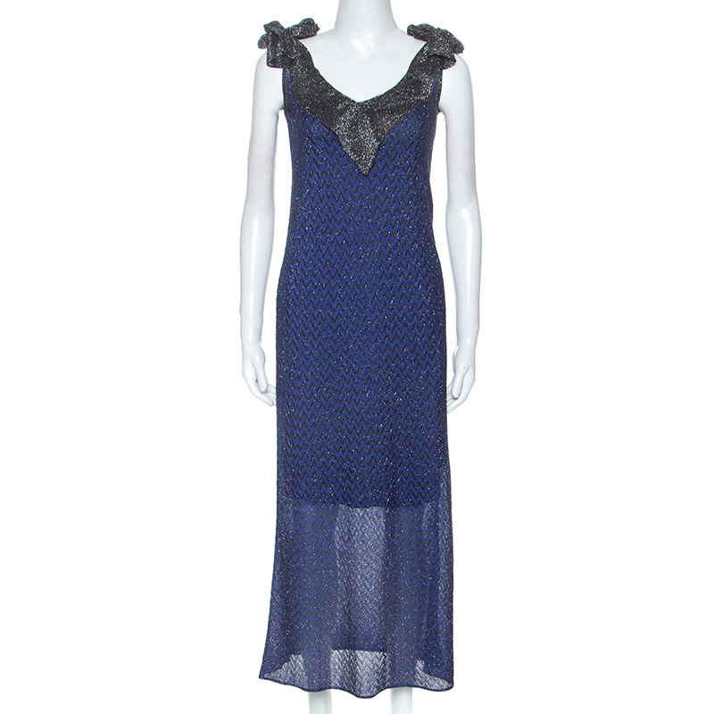 M Missioni Blue Metallic Knit Tie Shoulder Detail Maxi Dress S M Missioni Blue Metallic Knit Tie Shoulder Detail Maxi Dress S