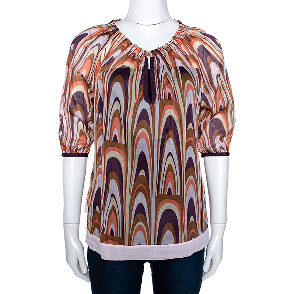 M Missoni Multicolor Printed Cotton Ruched Neckline Blouse M M Missoni Multicolor Printed Cotton Ruched Neckline Blouse M