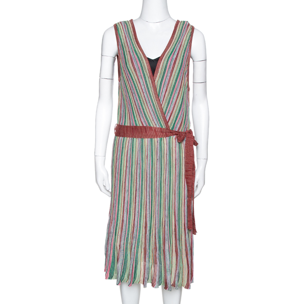 M Missoni Multicolor Striped Rib Knit Sleeveless Belted Dress L M Missoni Multicolor Striped Rib Knit Sleeveless Belted Dress L