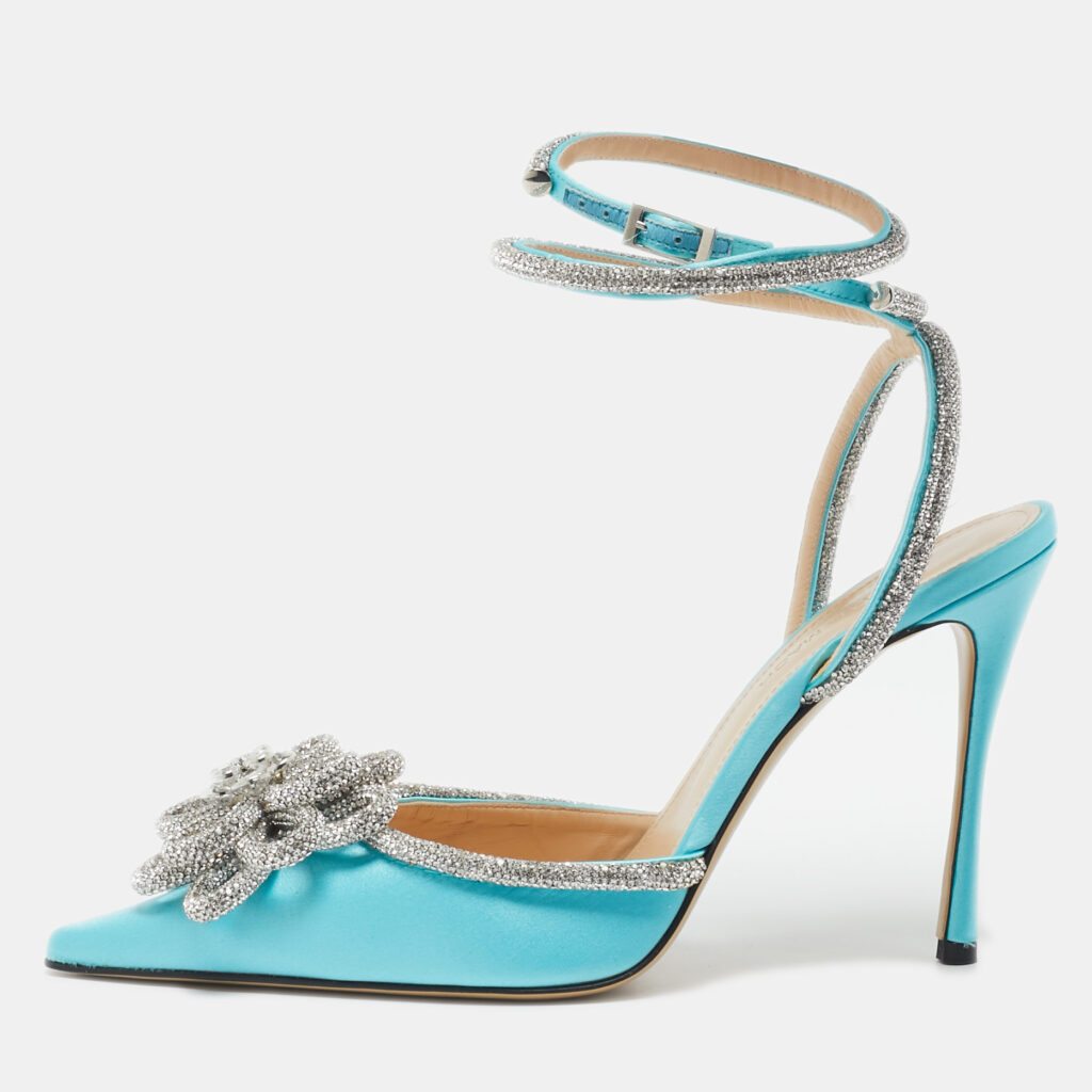 Mach & Mach Blue Satin Crystal Flower Pumps Size 39.5 Mach & Mach Blue Satin Crystal Flower Pumps Size 39.5