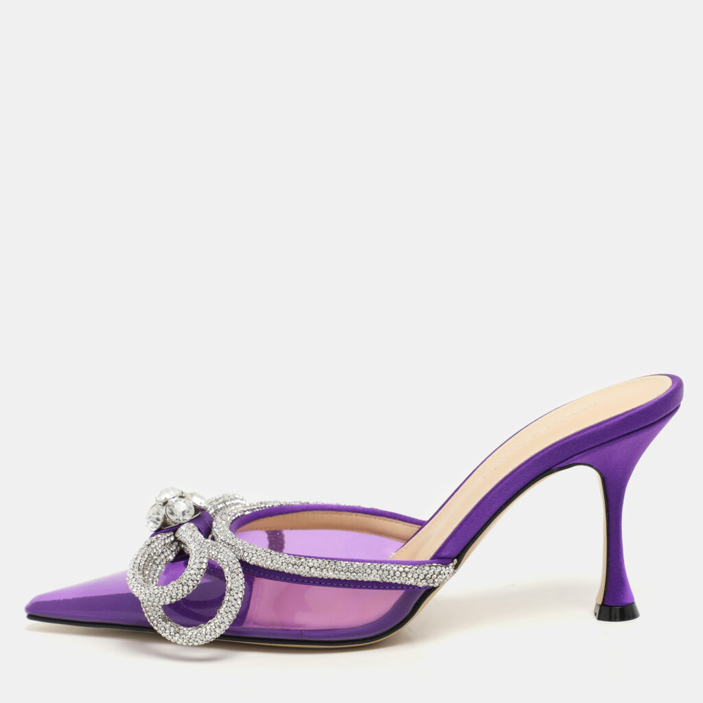 Mach & Mach Purple Satin Crystal Embellished Double Bow Mules Size 37,5