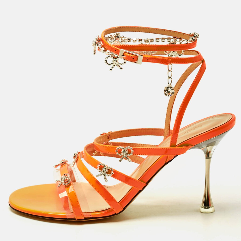Mach & Mach Neon Orange Patent Leather Crystal Bow Camille Sandals Size 37