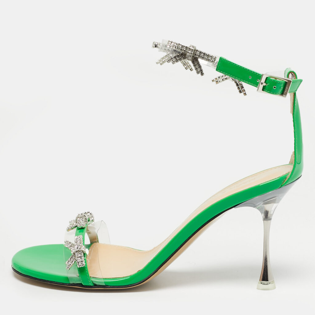 Mach & Mach Green Patent Leather and PVC Floating Crystal Bow Sandals Size 37.5